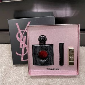 New 1.6 oz Black Opium YSL gift set with lipstick and travel size.